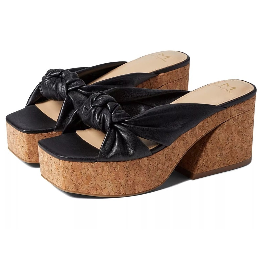 MARC FISHER CHUNKY CORK PLATFORM BOW SLIDE MULES BLACK SIZE 7.5 EUC